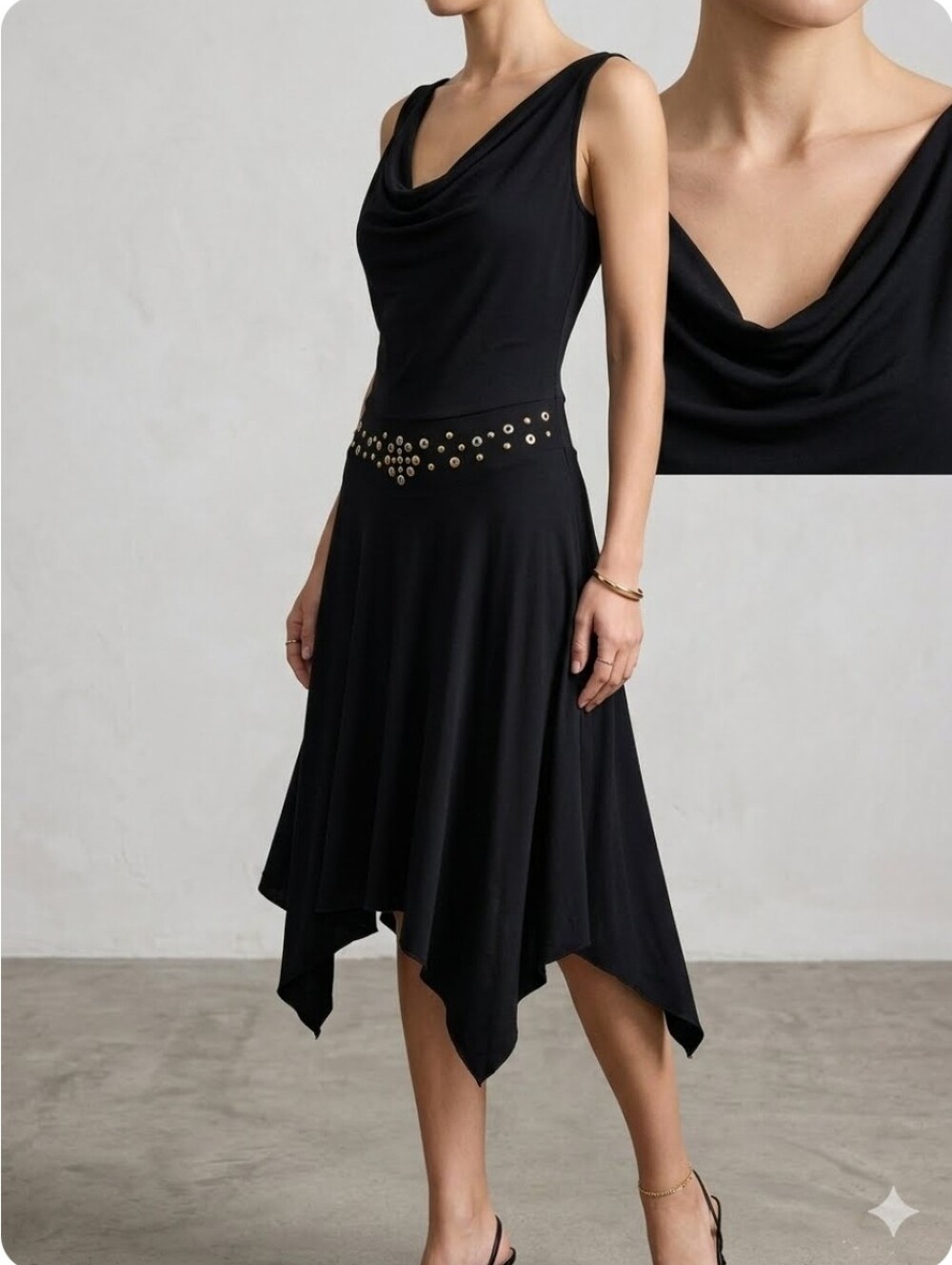 Vtg YS XL 90-s Elegant Black Slvless Cowl Neck Studded Waist Women's Dress USA